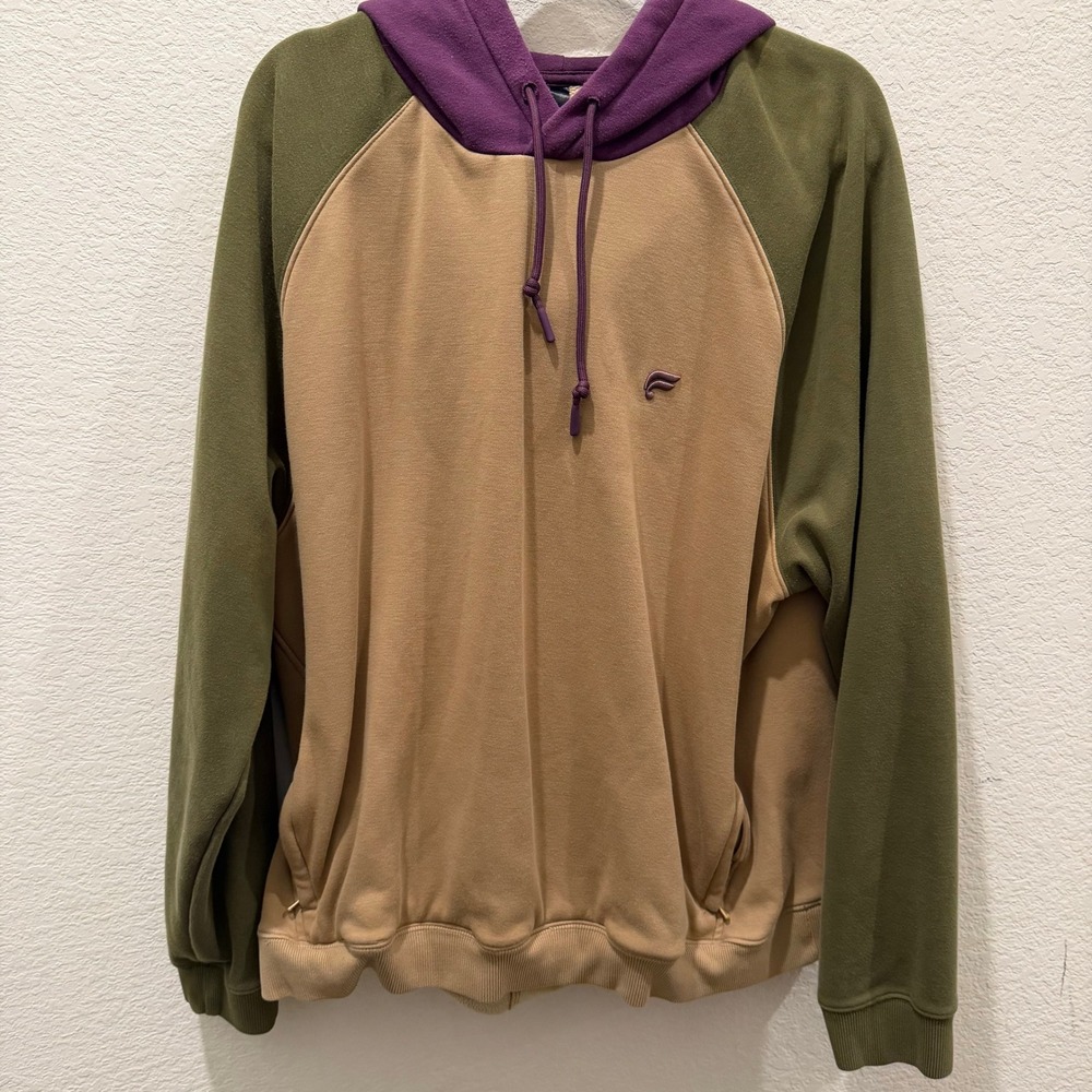 Fabletics Mens Colorblock Raglan Fleece Hoodie Tan Olive Purple XXL